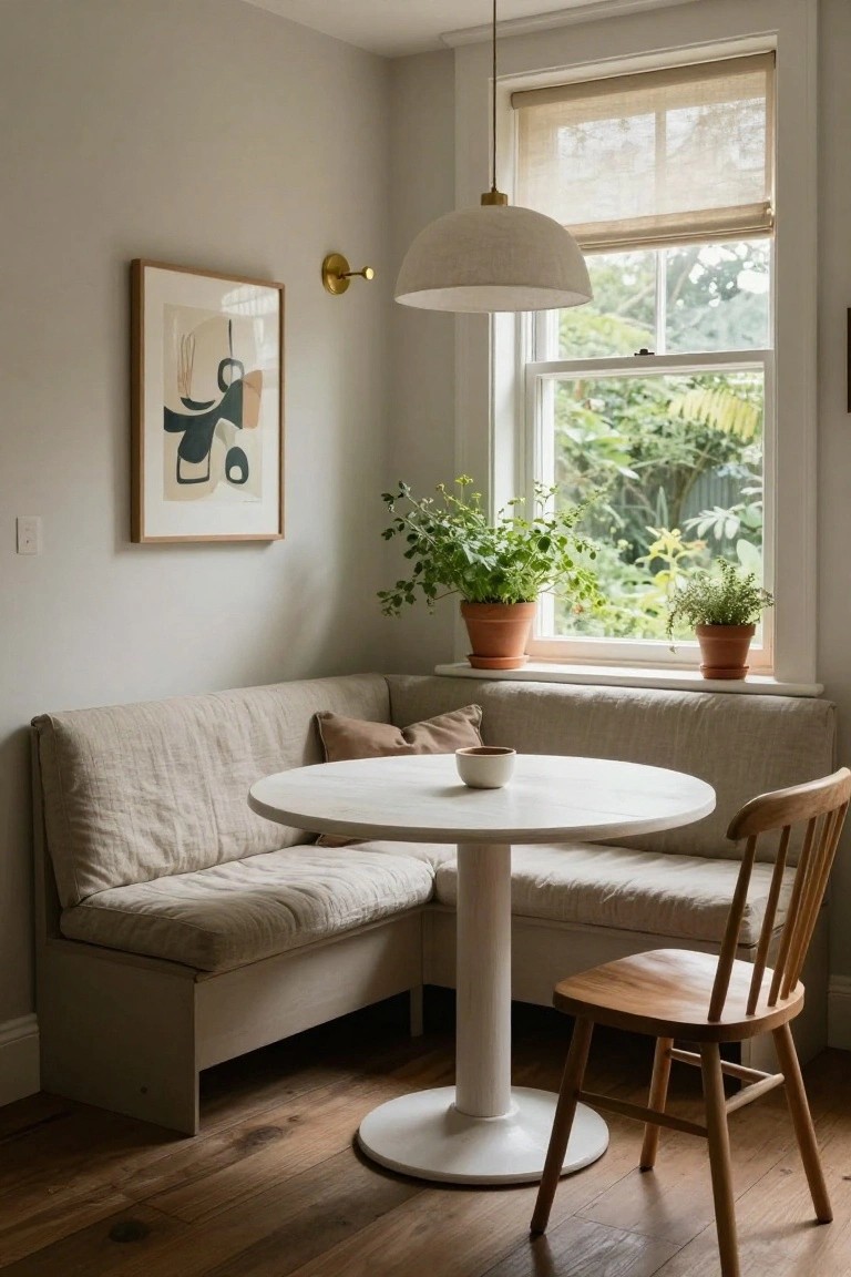 Corner booth with beige linen upholstery and cushions around a white round pedestal table and wooden chair in a light gray room with plants on the windowsill and abstract art on the wall.