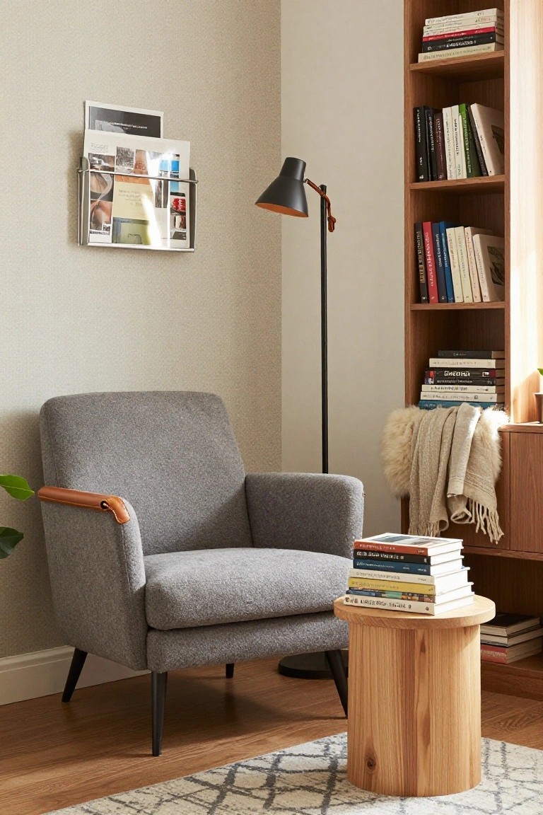 A grey upholstered armchair with tan leather armrests in a beige corner room next to wooden bookshelves, with a light wood stump side table stacked with books, a black arc floor lamp, sheepskin throw on a side table, plant, magazines on wall rack, and patterned rug on wood floor.