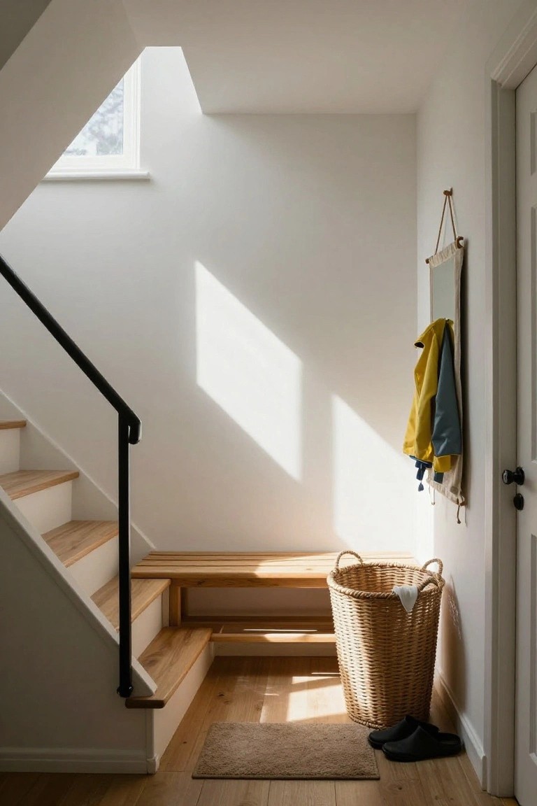 Sunlit interior stairwell with white walls, black metal railing, light wood steps and bench underneath, yellow and teal coats hanging on a fabric rack, wicker basket on the floor, and black slippers nearby.