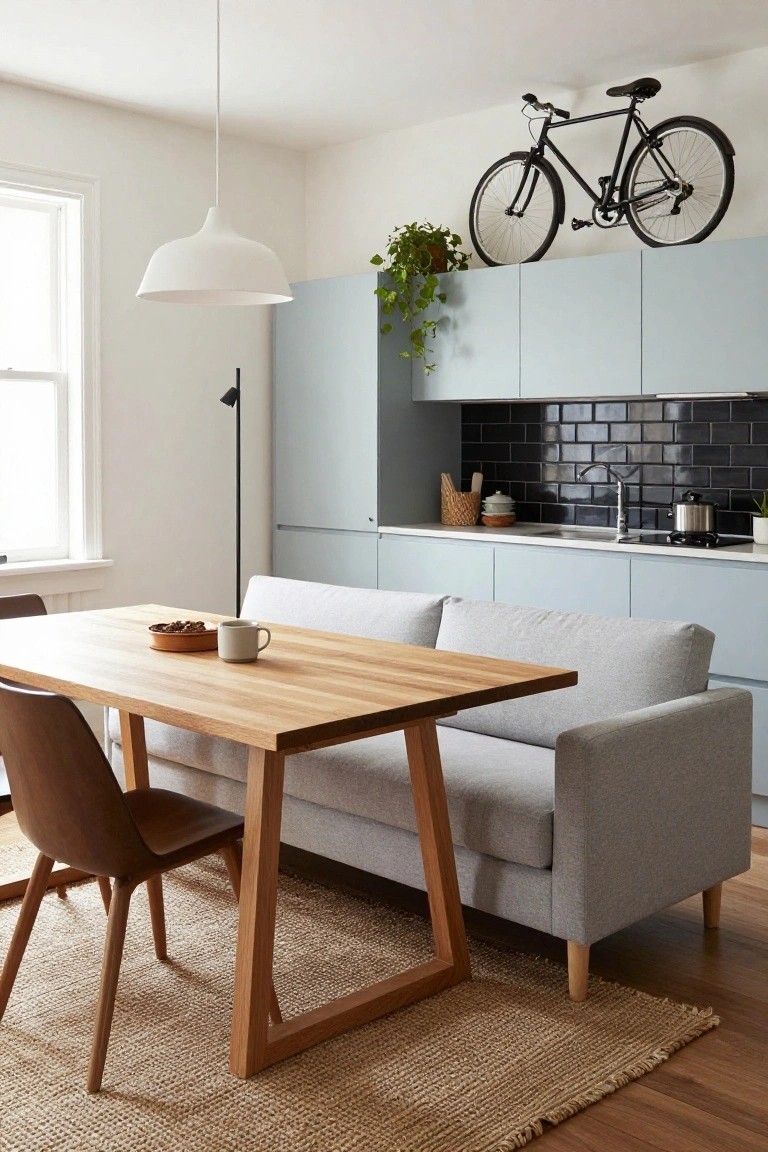 Open-plan interior with pale blue kitchen cabinets, black subway tile backsplash, wooden trestle dining table pulled up to a light gray sofa, wall-mounted black bicycle above cabinets, potted plants, and natural light from a window.