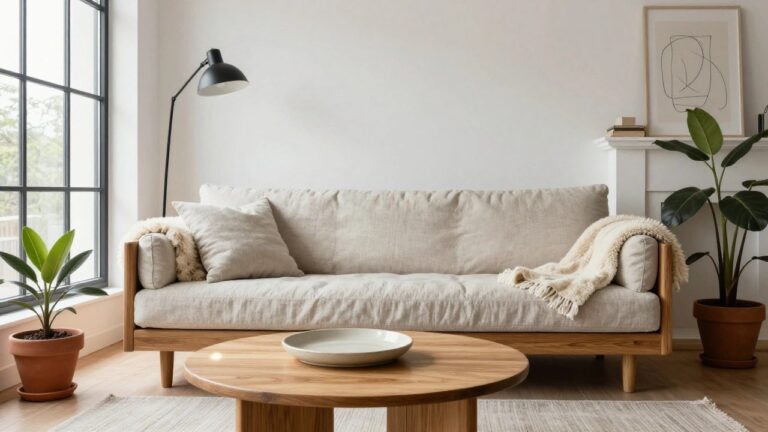 A beige linen sofa with pillows and throw sits in a white-walled living room with large black-framed windows, wooden slatted sideboard, arc floor lamp, potted plant, wooden coffee table with plate and bowl, and light wood floors.