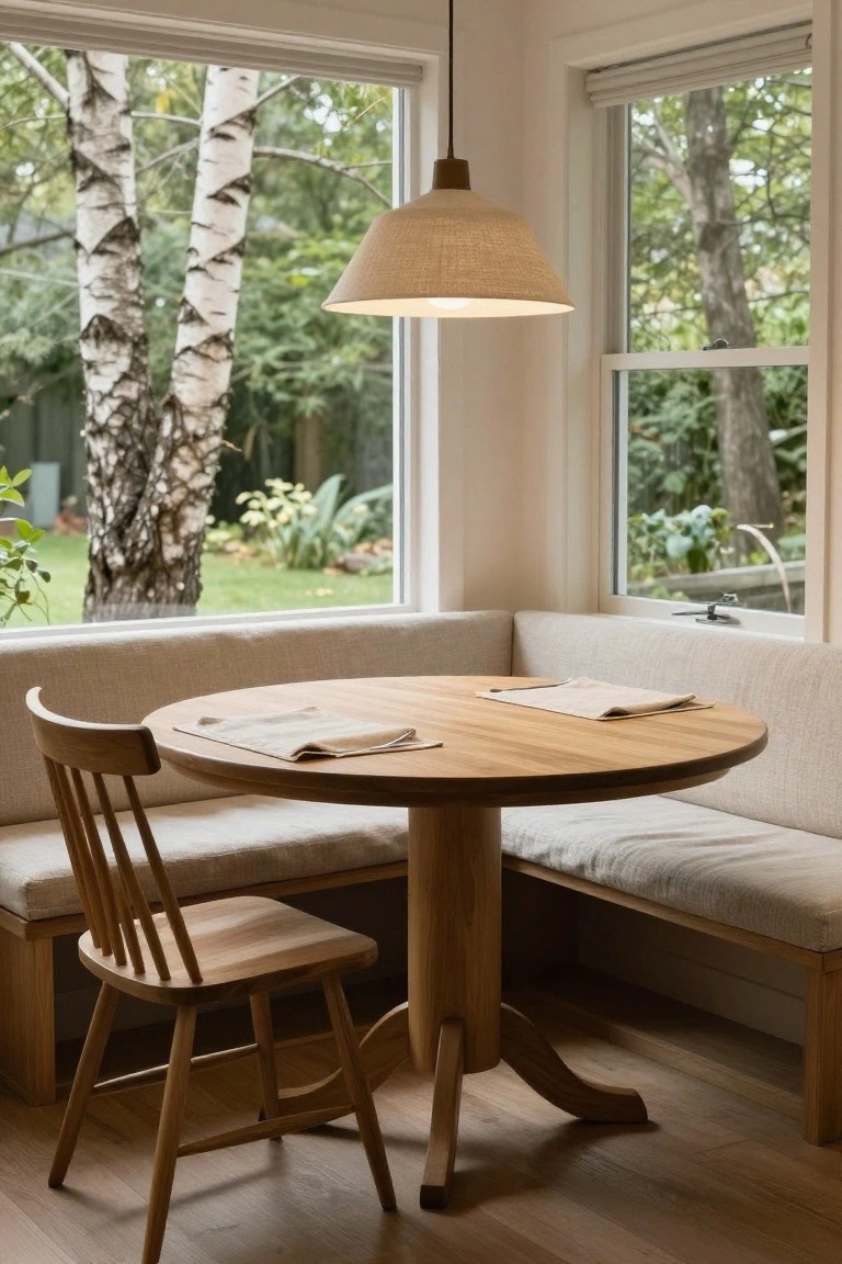 Light-filled kitchen nook with beige built-in bench seating around a round oak pedestal table, wooden chair, folded linen napkins, pendant lamp, and large windows overlooking garden and birch trees.