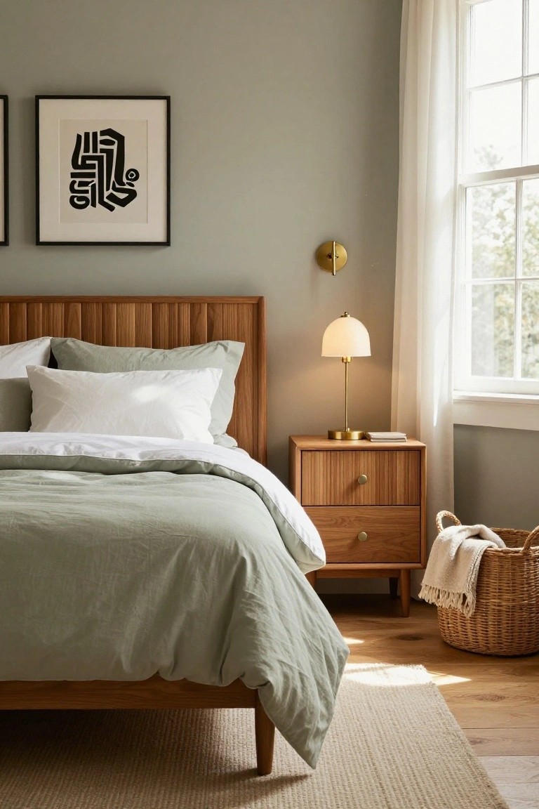 Bedroom with wooden slatted headboard bed draped in sage green duvet and pillows, matching wooden nightstand with gold lamp and books, wicker basket holding throw blanket, greige wall, and large window with sheer white curtain.