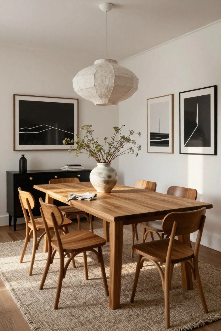 Bright dining room with rectangular natural wood table, six wooden chairs including bentwood styles, white paper lantern pendant light overhead, black sideboard, ceramic vase with branches on table, and black-framed abstract artwork on white walls.