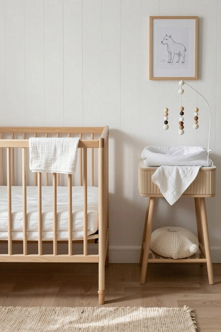 A minimalist nursery with light oak crib draped in white muslin, adjacent changing table with white linens, wooden bead mobile hanging nearby, framed line drawing of a dog on white paneled wall, and beige rug on wood floor.