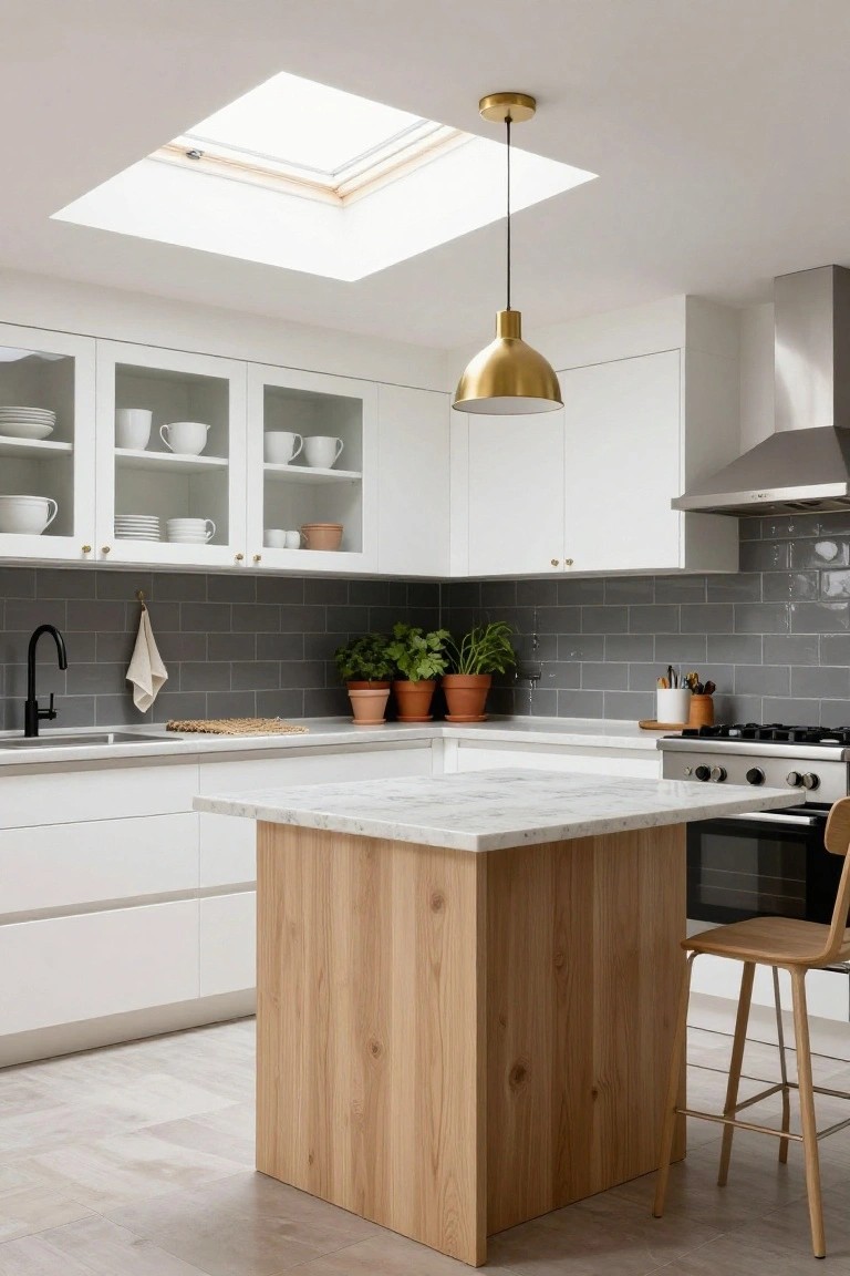 Bright kitchen interior with white cabinets, glass-front upper cabinets, gray subway tile backsplash, central wooden island with white countertop, black faucet, stainless appliances, gold pendant light, and skylight above.