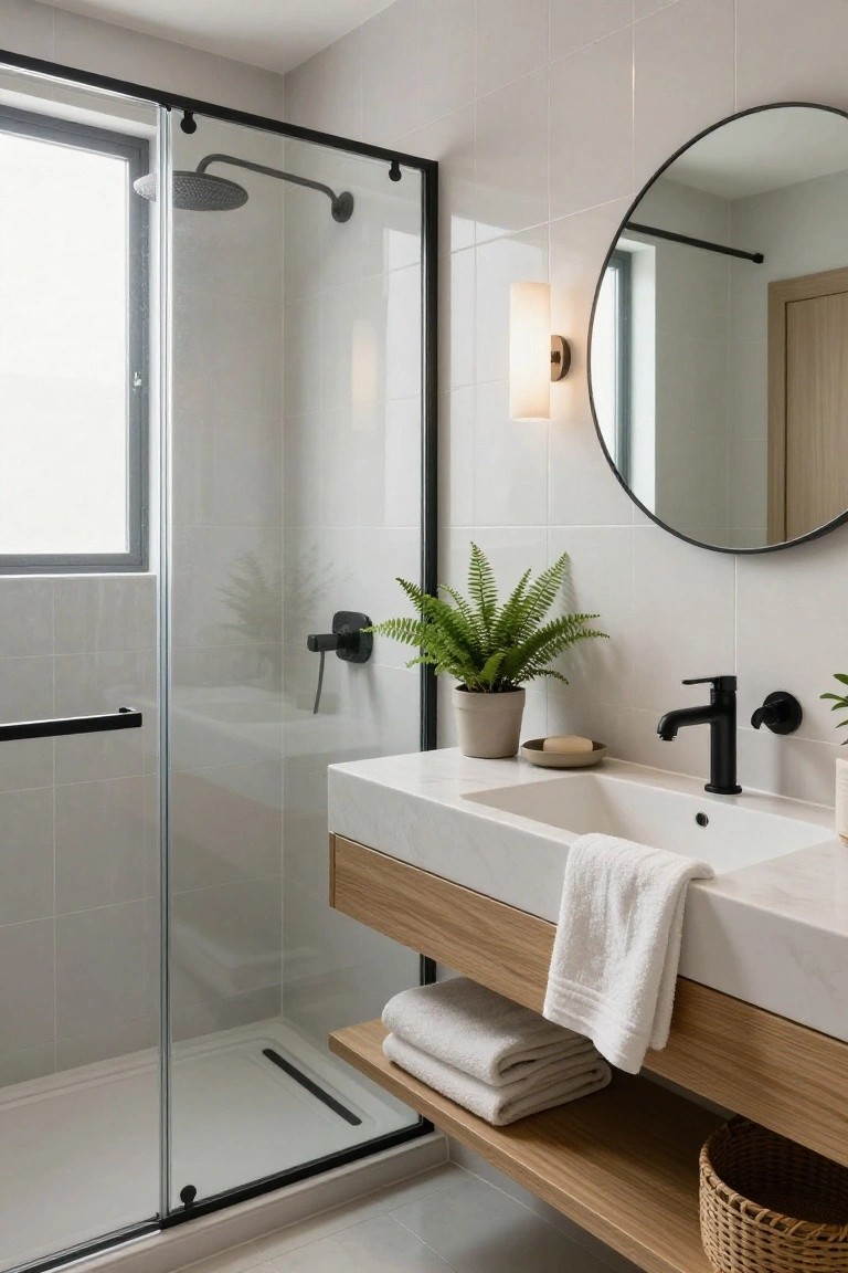 Minimalist bathroom with white subway tile walls, black-framed glass shower enclosure, floating wooden vanity with towels on open shelf, black matte faucet and showerhead, round black mirror, wall sconce, and potted ferns.