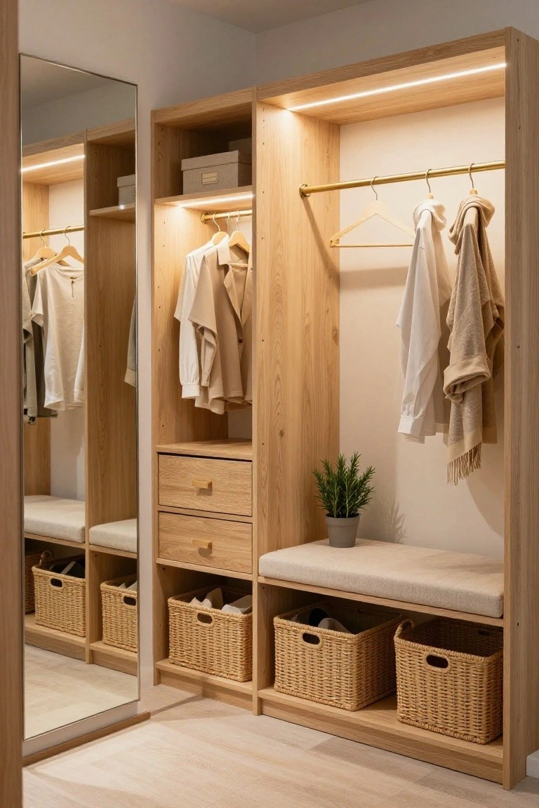 Oak wood built-in closet with full-length mirror on one side, hanging clothes on gold rods, two drawers below a cushioned bench, wicker baskets for storage, potted rosemary plant, and warm LED strip lighting along the top edges.