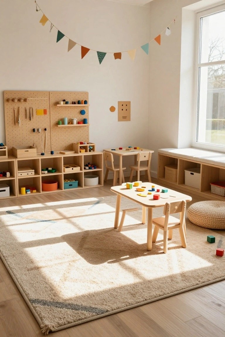 Bright children's playroom featuring wooden pegboard walls with hanging tools and toys, open wooden shelves stocked with bins and blocks, small tables and chairs, and a woven rug on light wood floors.