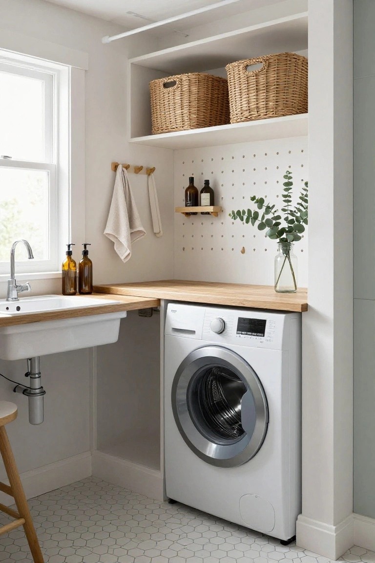 Compact white laundry room featuring oak countertop over white sink, white front-load washer, pegboard wall with hooks holding towels and shelves for bottles, wicker baskets on open shelves above, and light gray hexagonal floor tiles.