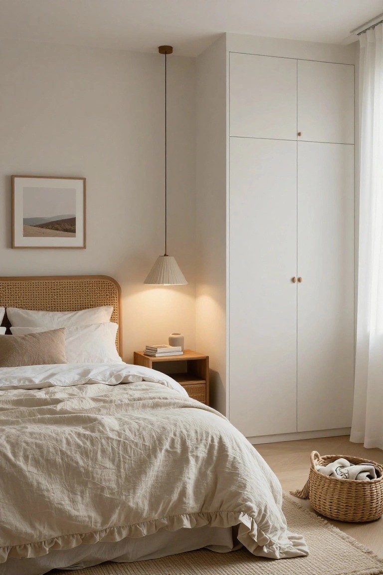 Minimalist bedroom with white bed, woven headboard, tall wardrobe, and pendant light.