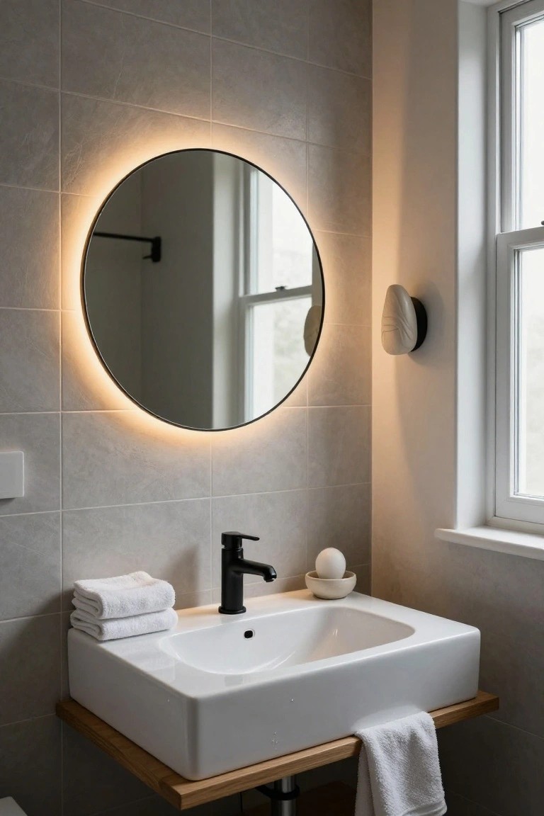 Close-up view of a bathroom corner featuring a large round black-framed mirror with warm LED edge lighting above a white rectangular sink on a wooden shelf, black faucet, stacked white towels, small white bowls, gray subway tiles on walls, and a wall-mounted light fixture near a window.