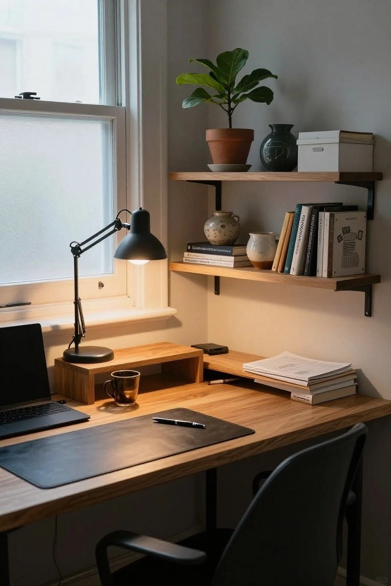 Home office corner with light wood desk holding laptop, black adjustable lamp, coffee mug, and papers; wooden floating shelves above display ficus plant, pottery, books, and storage box next to a window with frosted glass.