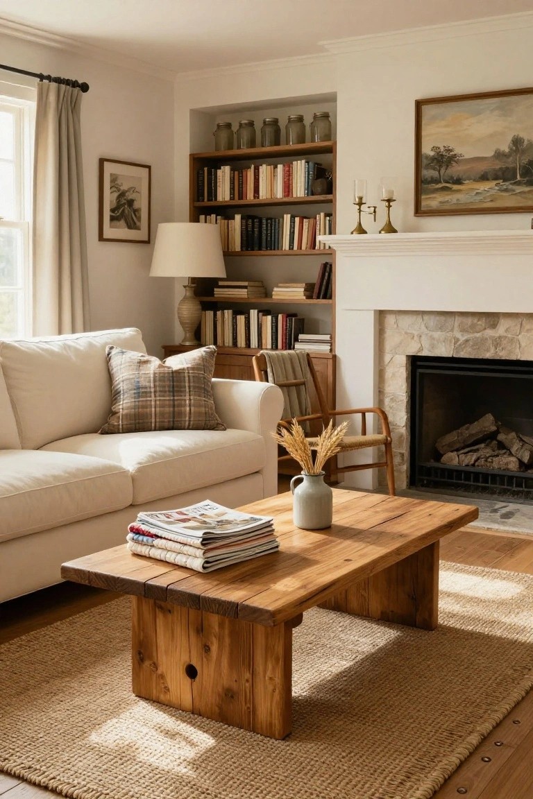 Sunlit living room corner with cream sofa, plaid pillows, low rectangular wooden coffee table with stacked magazines, seagrass rug, rattan chair with wheat sheaf, stone fireplace, bookshelves, and lamp.