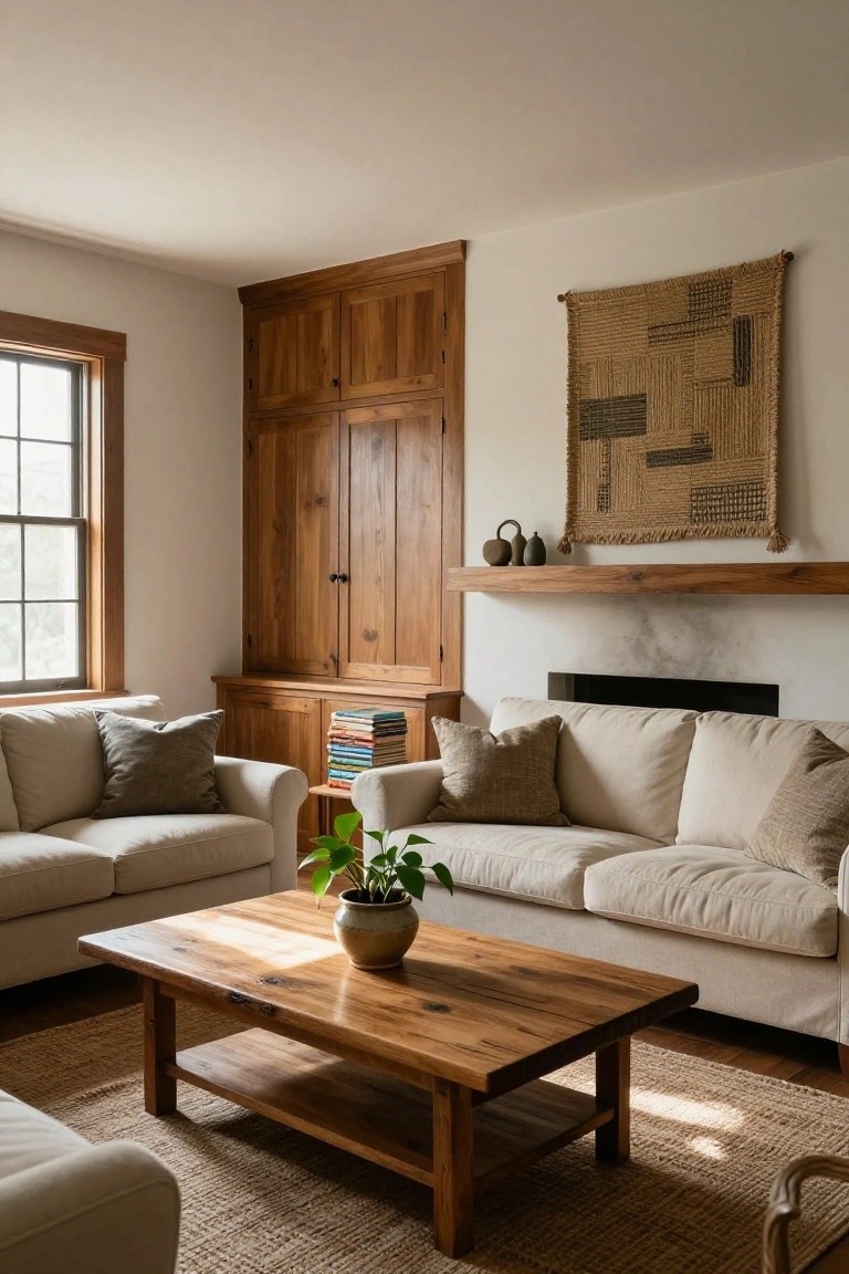 Cozy living room with two creamy fabric sofas, wooden coffee table, built-in wooden cabinets and mantel framing a fireplace, neutral woven wall hanging, and potted plant.