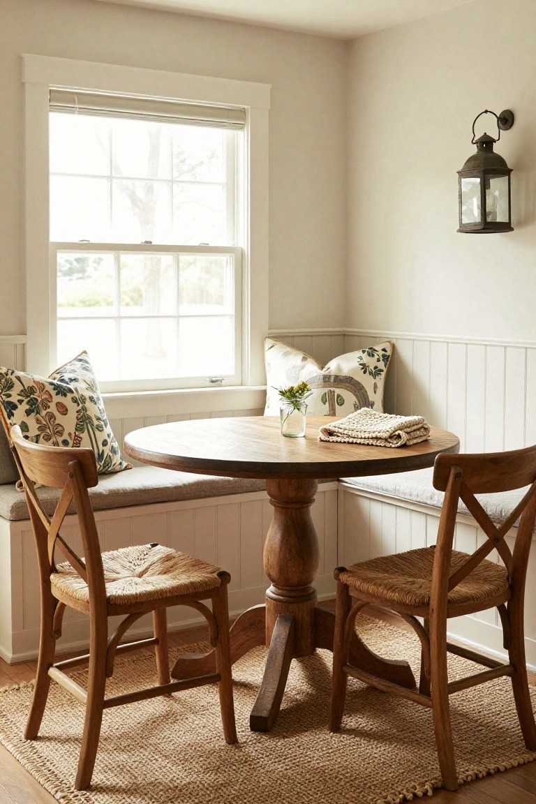 Corner dining nook with white beadboard walls, built-in cushioned bench with patterned pillows, round wooden pedestal table, two wooden chairs with rattan seats, small vase of flowers, open window, and wall-mounted lantern.