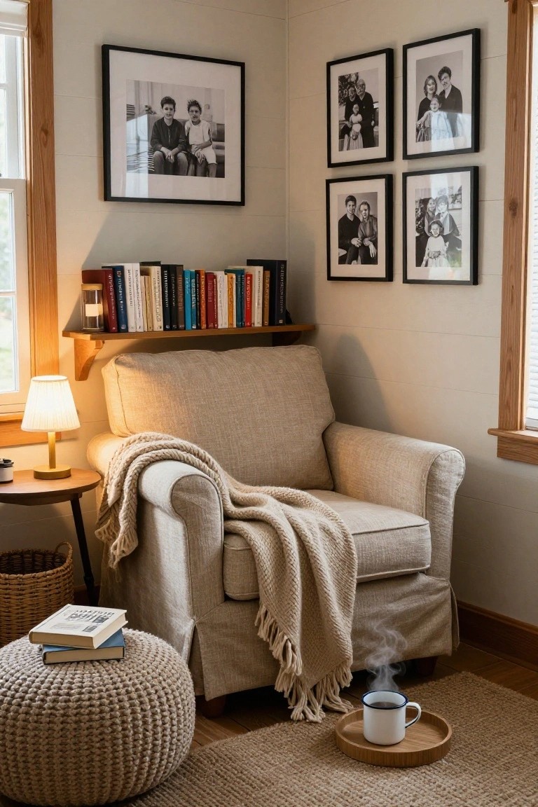 Cozy beige armchair with cream throw blanket in a light beige room corner, featuring wooden bookshelves with colorful books, family photos on walls, brass lamp on side table, ottoman, stacked books, and steaming mug on wooden tray on rug.