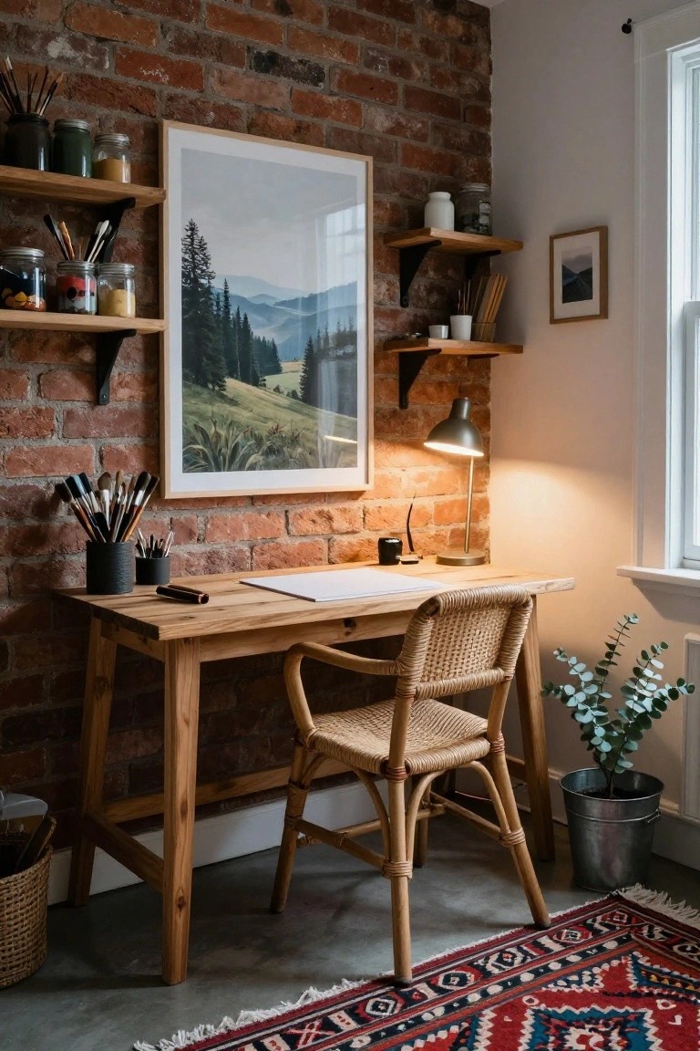 A small home office with exposed red brick wall, wooden desk topped with paper and lamp, rattan chair, floating oak shelves holding jars paintbrushes and plants, large landscape artwork, and potted eucalyptus near a window.
