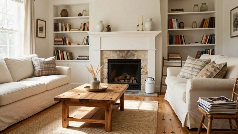 21 Clever Interior Design Tips That Instantly Improve Farmhouse Spaces Sunlit living room corner with cream sofa, plaid pillows, low rectangular wooden coffee table with stacked magazines, seagrass rug, rattan chair with wheat sheaf, stone fireplace, bookshelves, and lamp.