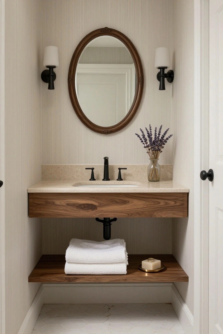 Small powder room with light striped wallpaper, round wood-framed mirror, floating wood vanity over beige countertop with black faucet and sink, lavender bouquet, open shelf below holding white towels and gold soap dish, black wall sconces, white door, and hexagonal white floor tiles.