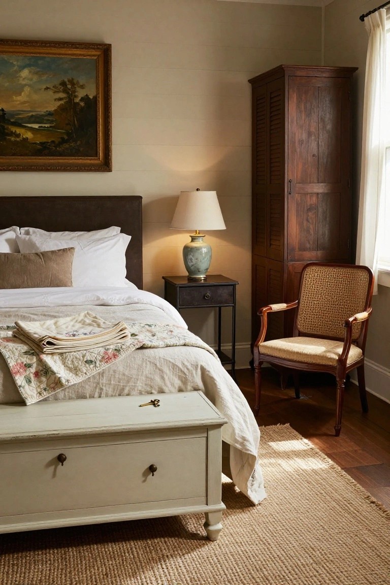 Cozy bedroom with a bed, woven chair, dark wardrobe, and landscape painting.