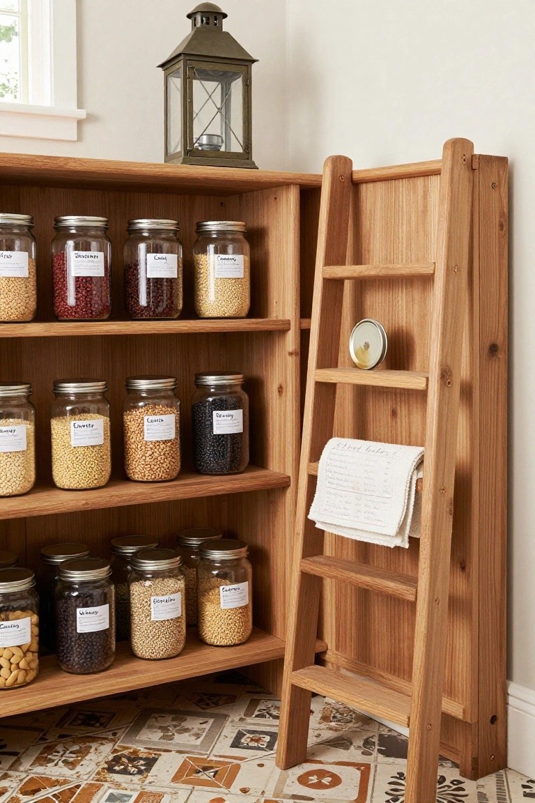 Wooden open pantry shelving filled with labeled glass jars of beans, grains, and nuts, positioned next to a matching tall ladder shelf holding a jar lid and folded towel, with a metal lantern nearby on light-colored tiled flooring.