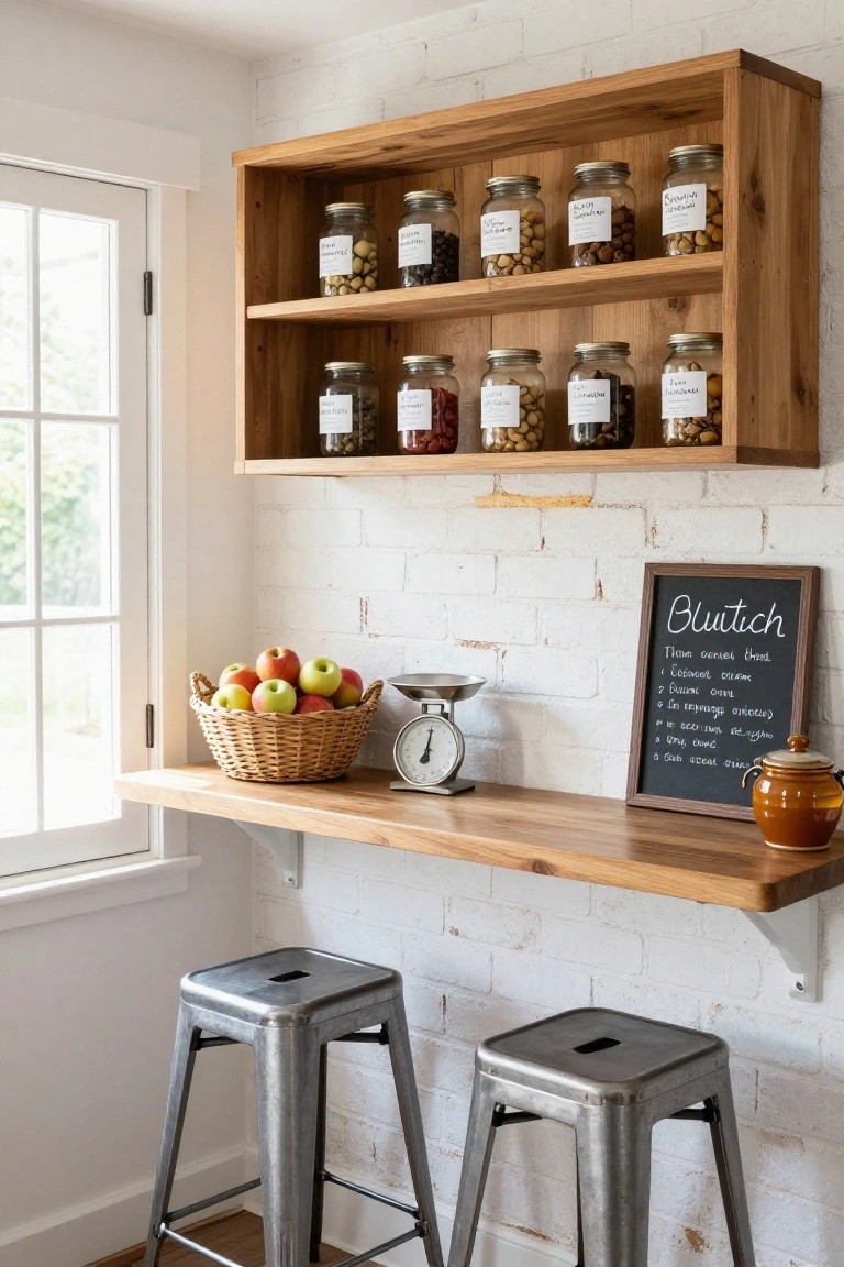 Wooden open shelving unit mounted on a white brick wall in a kitchen, stocked with labeled glass jars of dry goods like nuts and grains, next to a wooden counter with a basket of apples, scale, stools, and chalkboard sign.