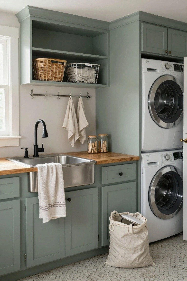 A laundry room with sage green cabinets, open upper shelving holding wicker baskets, a stainless steel apron sink on a butcher block countertop, stacked white washer and dryer next to the cabinets, towel hooks, jars on the counter, and a canvas laundry bag on a hexagonal tile floor.
