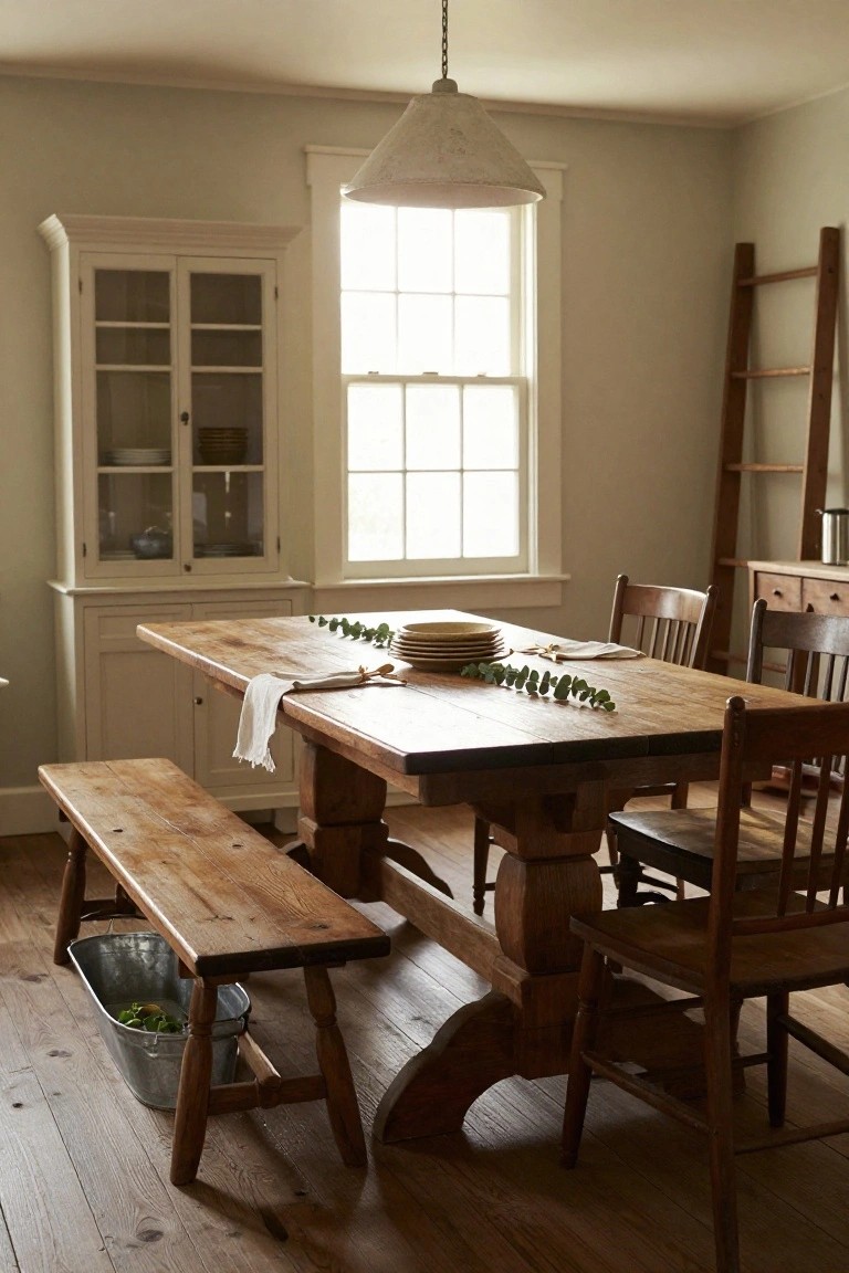 Farmhouse dining room with large wooden trestle table, bench seating on one side holding a galvanized bucket of greens underneath, wooden chairs on the other side, eucalyptus branches and plates on the table, white glass-door cabinet, ladder shelf, and window.