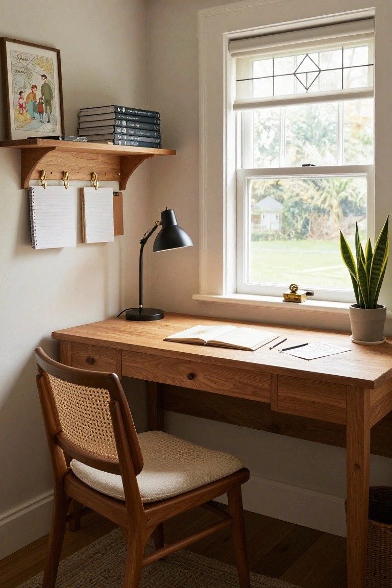 Corner home office with wooden desk and rattan chair, wall-mounted oak shelf holding stacked books and clipboards on hooks, black desk lamp, open notebook on desk, large window with blinds overlooking garden and potted snake plant.