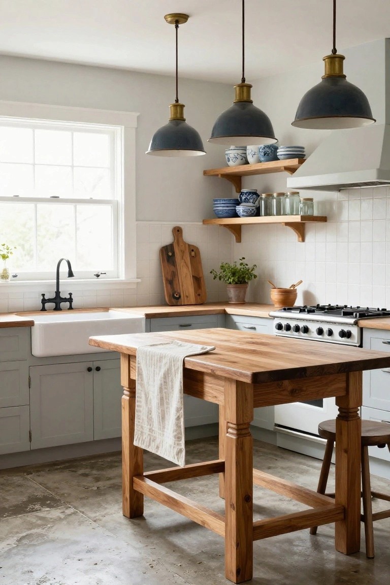 Farmhouse kitchen with gray lower cabinets, white upper cabinets and subway tile backsplash, large freestanding wooden island with towel draped over edge and wood stool, white farmhouse sink, brass pendant lights, and open wood shelves displaying blue and white pottery.