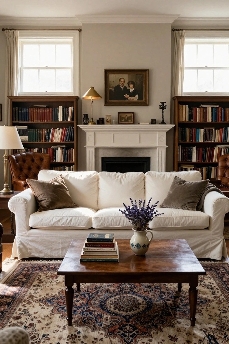 A traditional living room featuring tall wooden bookshelves flanking a white fireplace, a white slipcovered sofa with pillows, two leather armchairs, a wooden coffee table with books and lavender flowers, and a Persian rug.