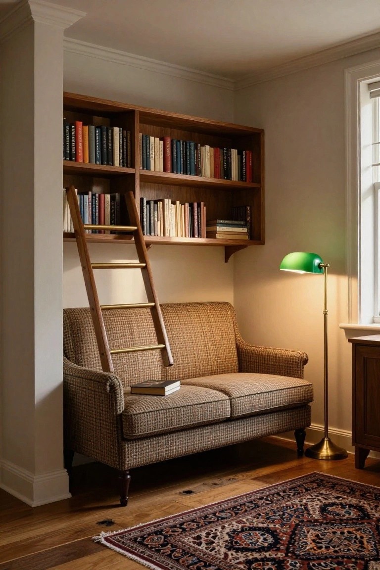 Cozy interior corner with tall wooden built-in bookshelves filled with books, a matching wooden library ladder, green banker's lamp, beige patterned loveseat with open book, wooden side table, and Persian-style rug on hardwood floors.