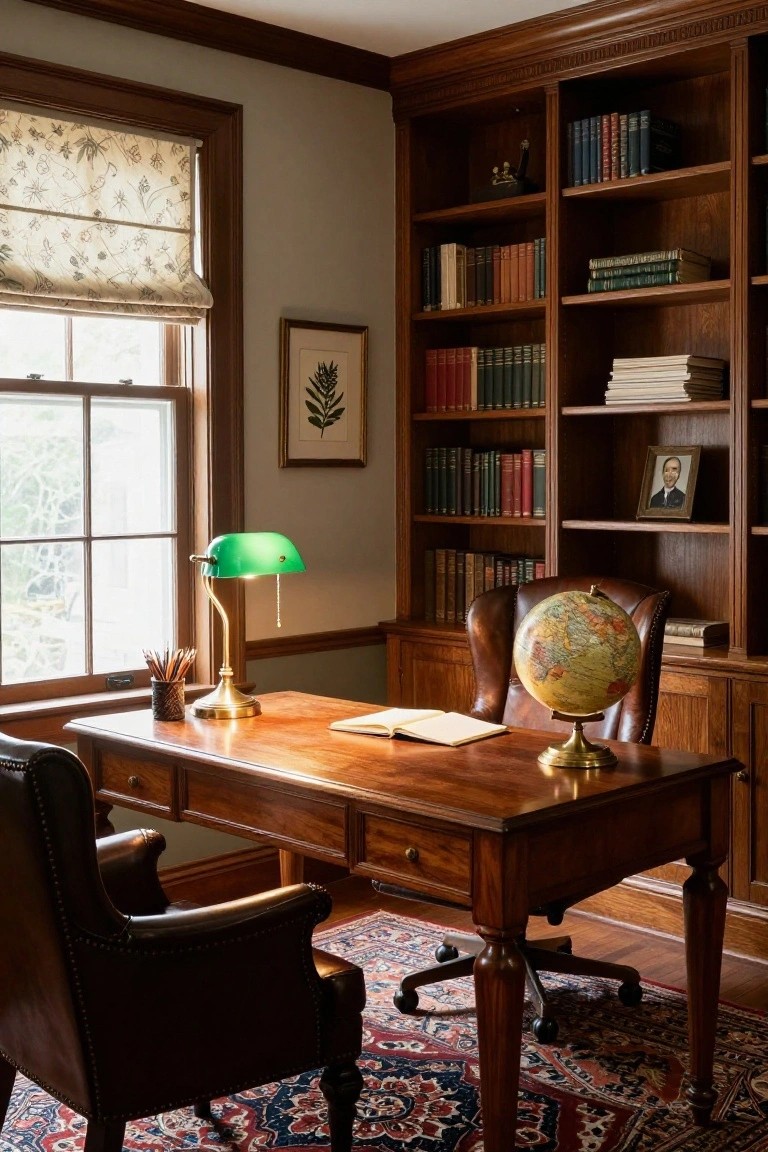 A traditional interior study with dark wood paneling and built-in bookshelves filled with books, a wooden desk with an open book and green banker's lamp, leather armchairs, a globe on a swivel chair, and a patterned rug on hardwood floors.