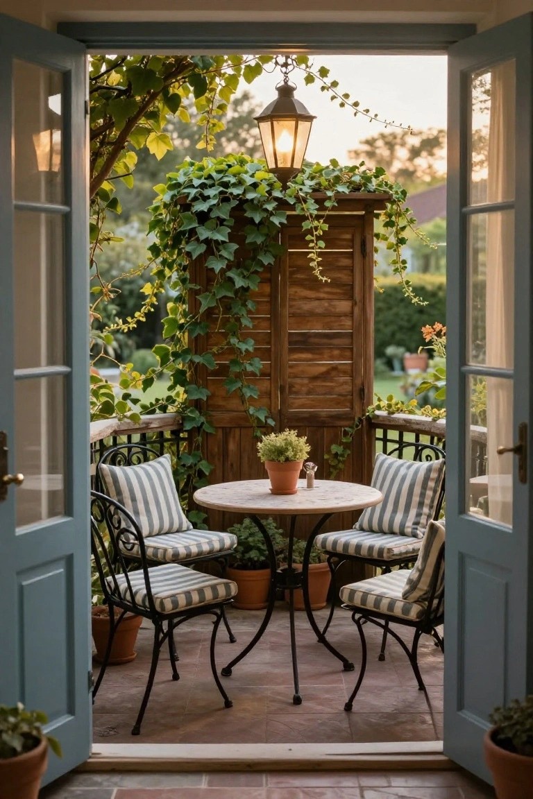 Open blue French doors frame a small balcony with a round wooden table, two black wrought-iron chairs with white and blue striped cushions, potted plants, ivy climbing a wooden slatted screen, and a lit hanging lantern, overlooking a garden.