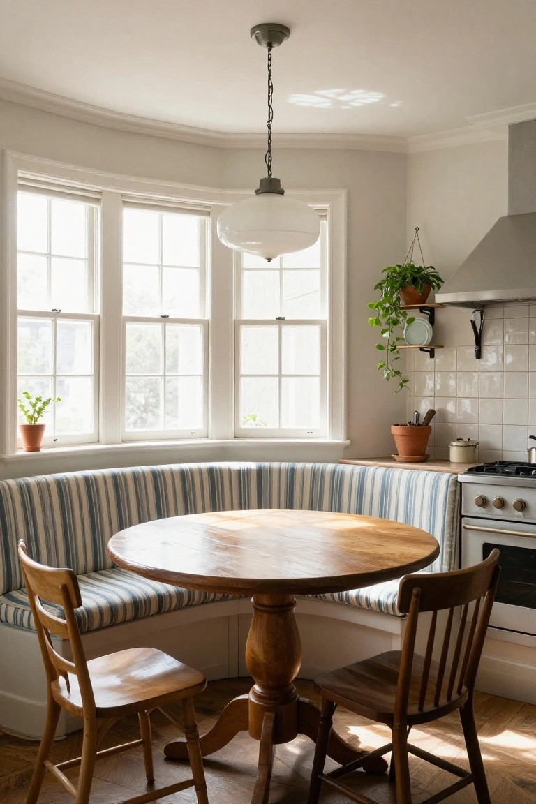 A sunlit kitchen nook with curved blue-and-white striped banquette seating, round wooden pedestal table, two wooden chairs, bay windows with potted plants, and adjacent stove and oven.