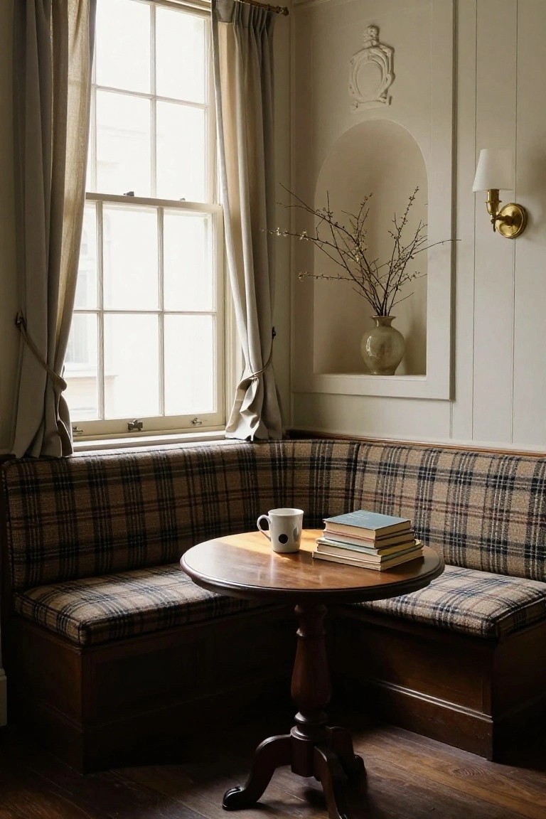 Corner banquette with plaid upholstery and wooden base beside a small round pedestal table holding stacked books and a white mug, next to a large curtained window in a light-walled room with a wall niche holding branches in a vase.