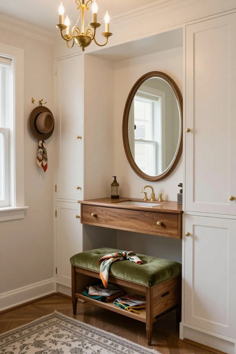 Recessed white wardrobe cabinets flanking a wooden vanity console with brass sink fixtures and oval mirror, plus a green velvet tufted bench and hat hooks on hooks beside a window in a room with hardwood floors.
