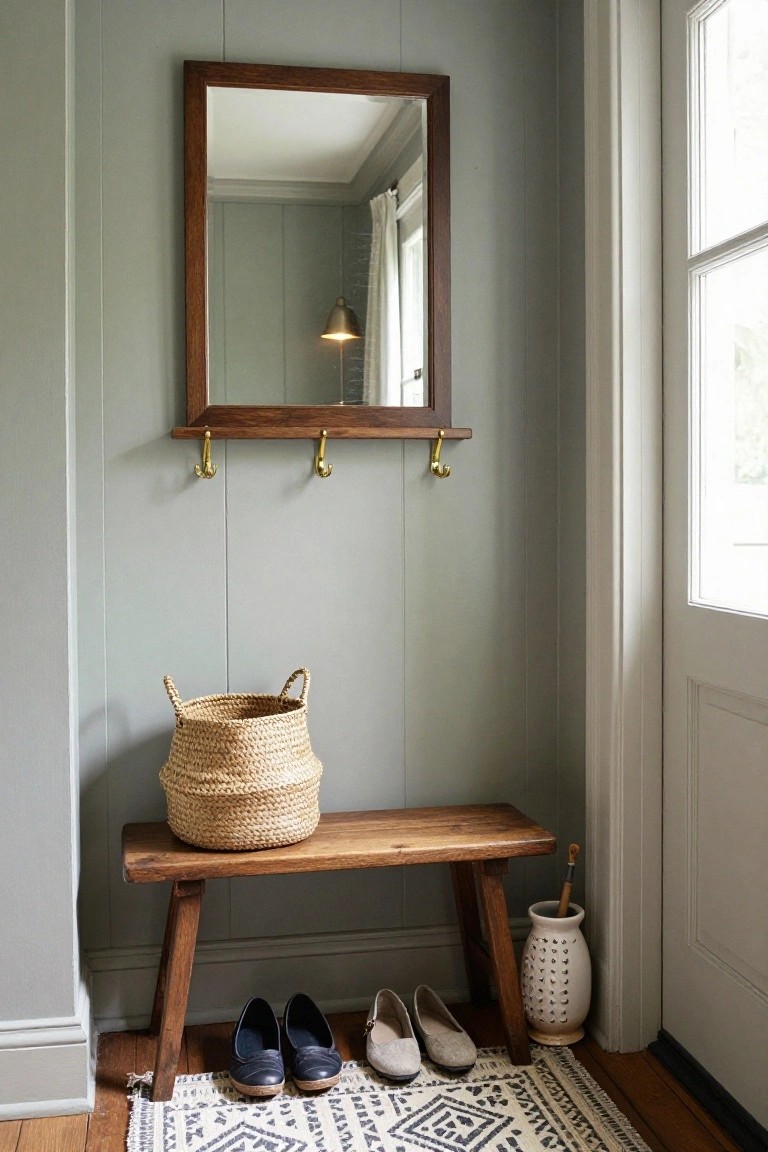Sage green paneled corner of an entryway with a wood-framed mirror and brass hooks on a shelf, wooden bench holding a seagrass basket and with navy and beige shoes underneath, white ceramic umbrella stand, next to a white door and patterned rug on wood floor.