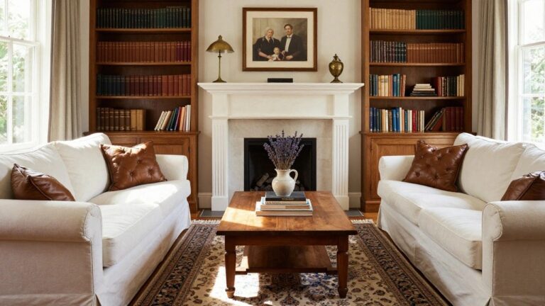 A traditional living room featuring tall wooden bookshelves flanking a white fireplace, a white slipcovered sofa with pillows, two leather armchairs, a wooden coffee table with books and lavender flowers, and a Persian rug.