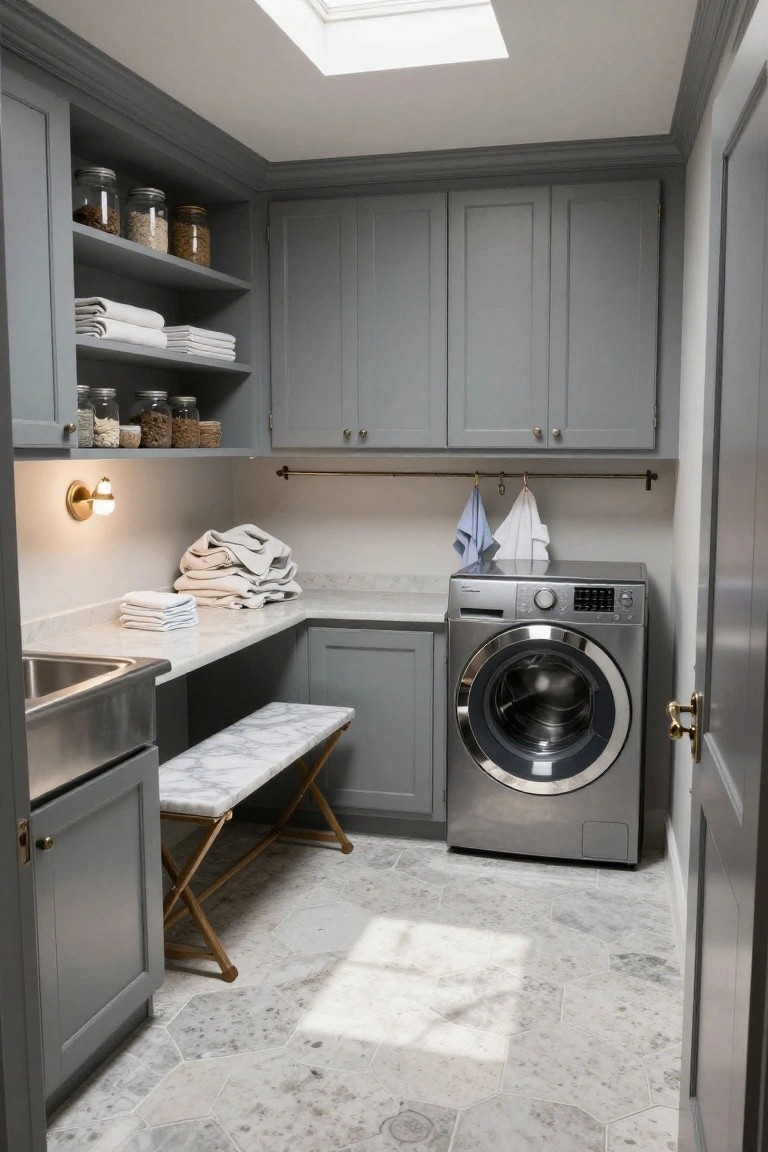 Compact laundry room with gray cabinets, open shelves stocked with glass jars of grains and folded white towels, hanging rods with dish towels, stainless steel sink, front-loading washer and dryer, white marble countertop extension with black metal bench stool underneath, hexagonal gray floor tiles, and skylight in the ceiling.
