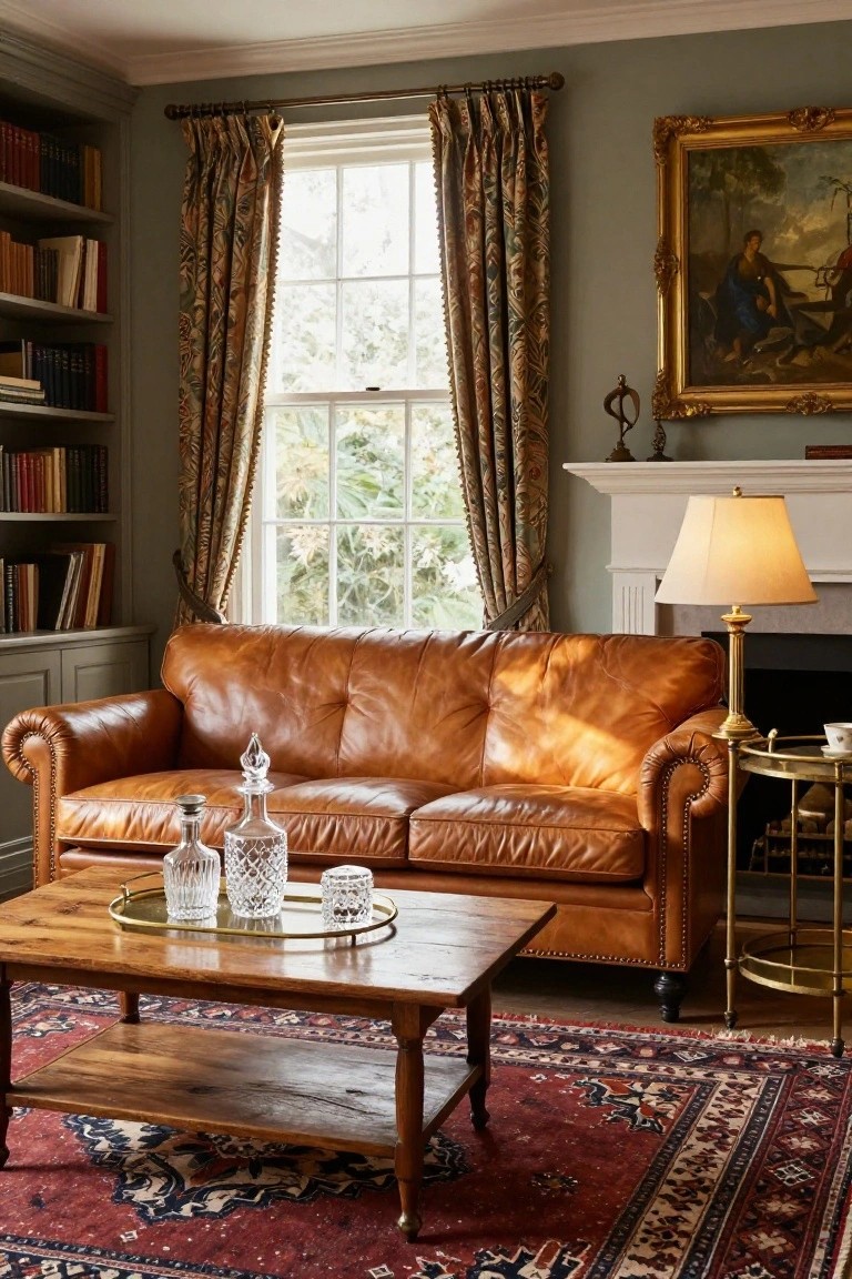 Traditional interior with tan leather Chesterfield sofa, wooden coffee table holding a tray with glass decanters, bookshelves, draped window, brass lamp on mantel, and red Persian rug.