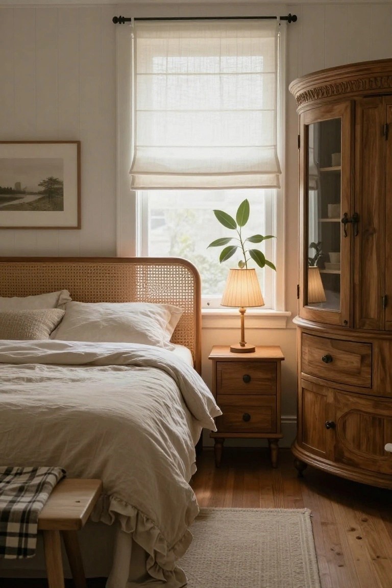 A bedroom corner with a rattan headboard bed covered in beige linens and pillows, a wooden nightstand holding a lamp, a tall curved wooden armoire with glass doors, sheer roller shades on the window, and hardwood floors.