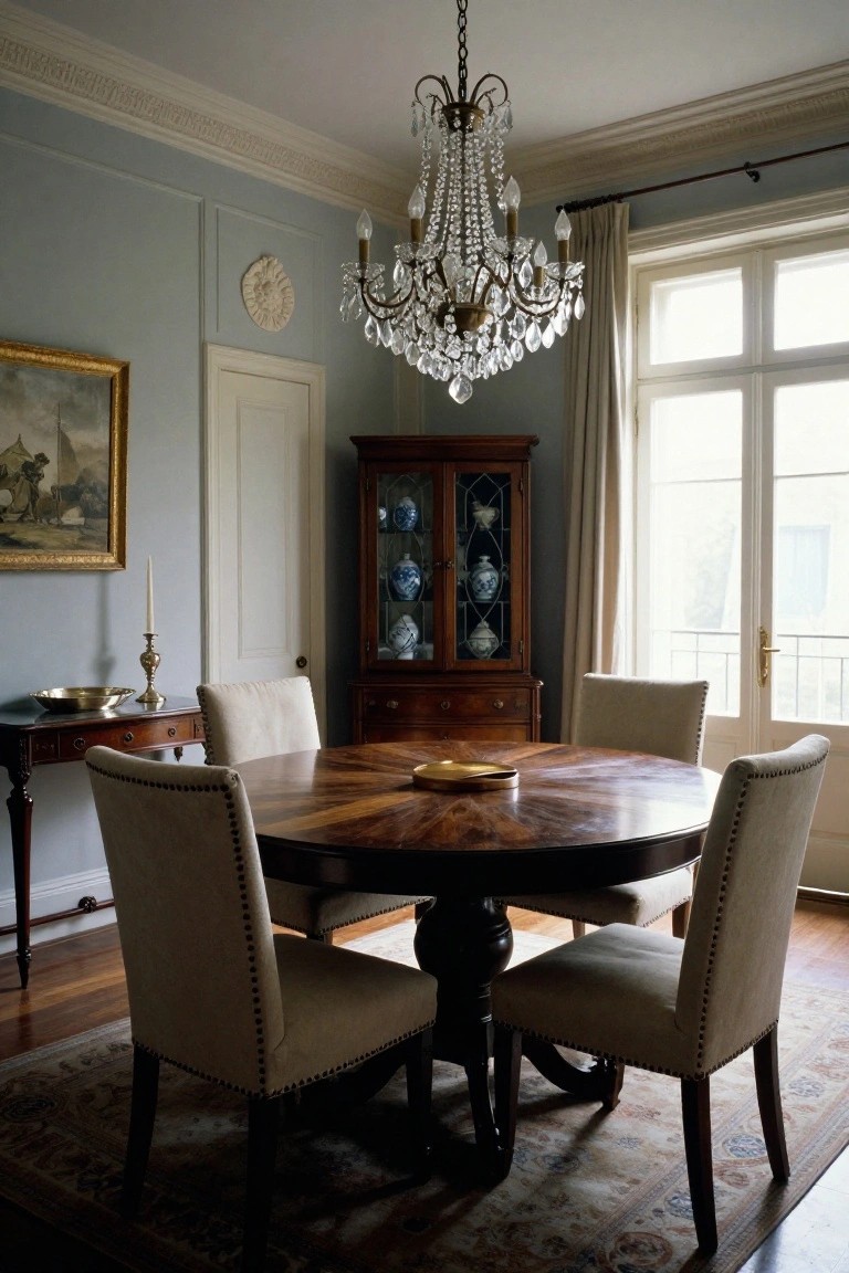 Traditional dining room with round burl wood table and four beige upholstered chairs, crystal chandelier above, wooden cabinet displaying china, pale blue walls, and large curtained windows.
