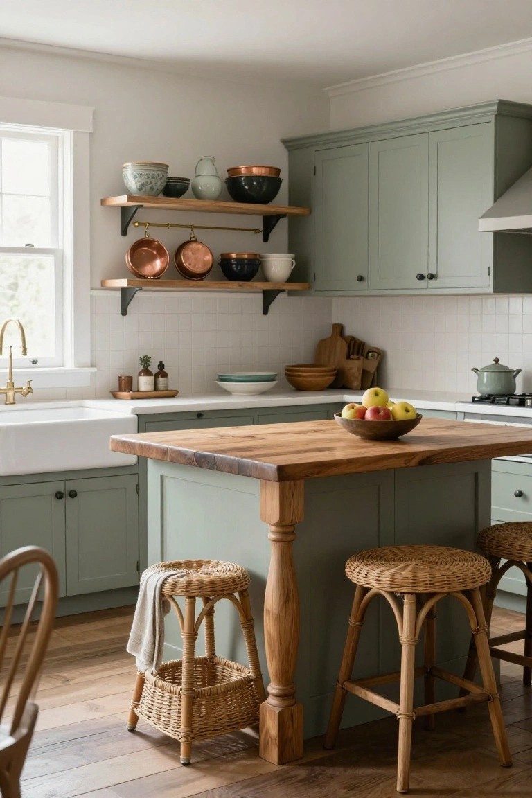 Kitchen interior with sage green cabinets, wooden island topped with apples in a bowl, rattan barstools, white subway tile backsplash, farmhouse sink, open wood shelving with pottery and copper pots, and a window nearby.