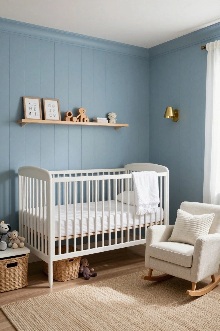 Corner of a nursery with light blue vertical paneled walls, white crib holding a mattress and sheet, stuffed animals nearby, floating wood shelf with toys and frames, beige rocking chair with pillows, wicker baskets, and light wood floor with seagrass rug.