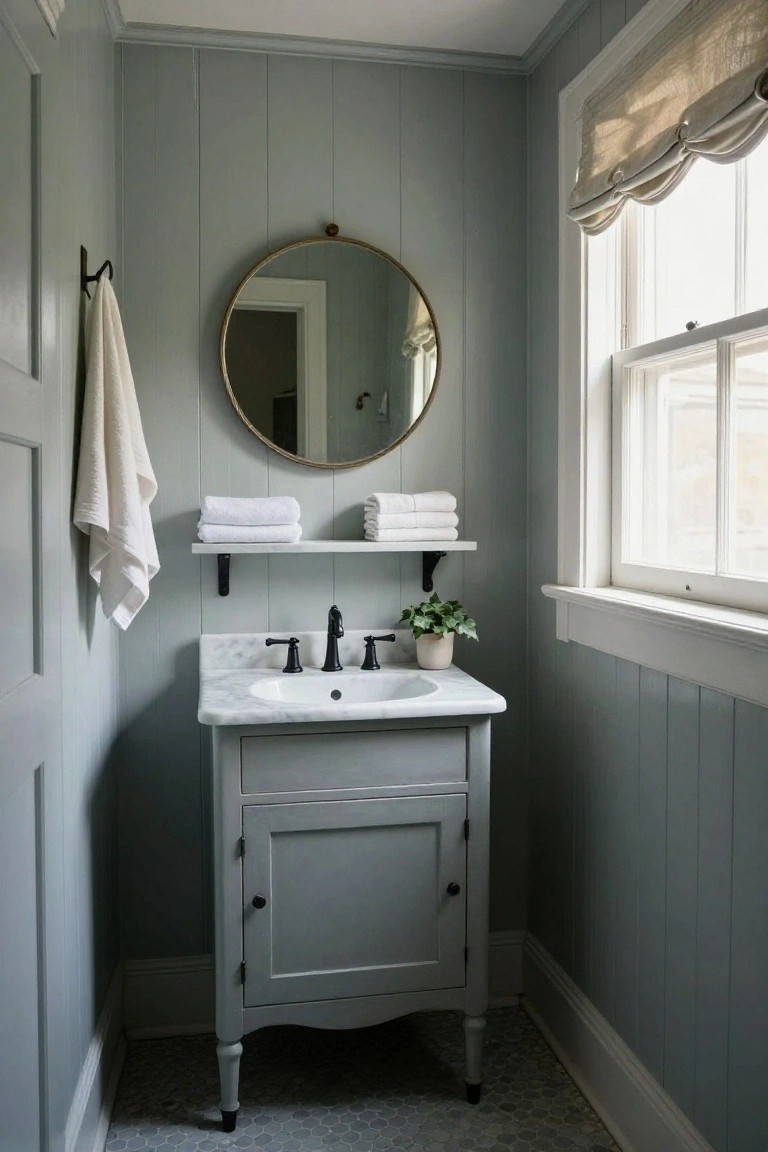 Small bathroom featuring pale blue-green shiplap walls, white marble sink on gray console vanity with turned legs, round brass mirror, white towels on shelves and hook, potted plant, black faucet, and window with beige balloon shade over hexagonal tile floor.