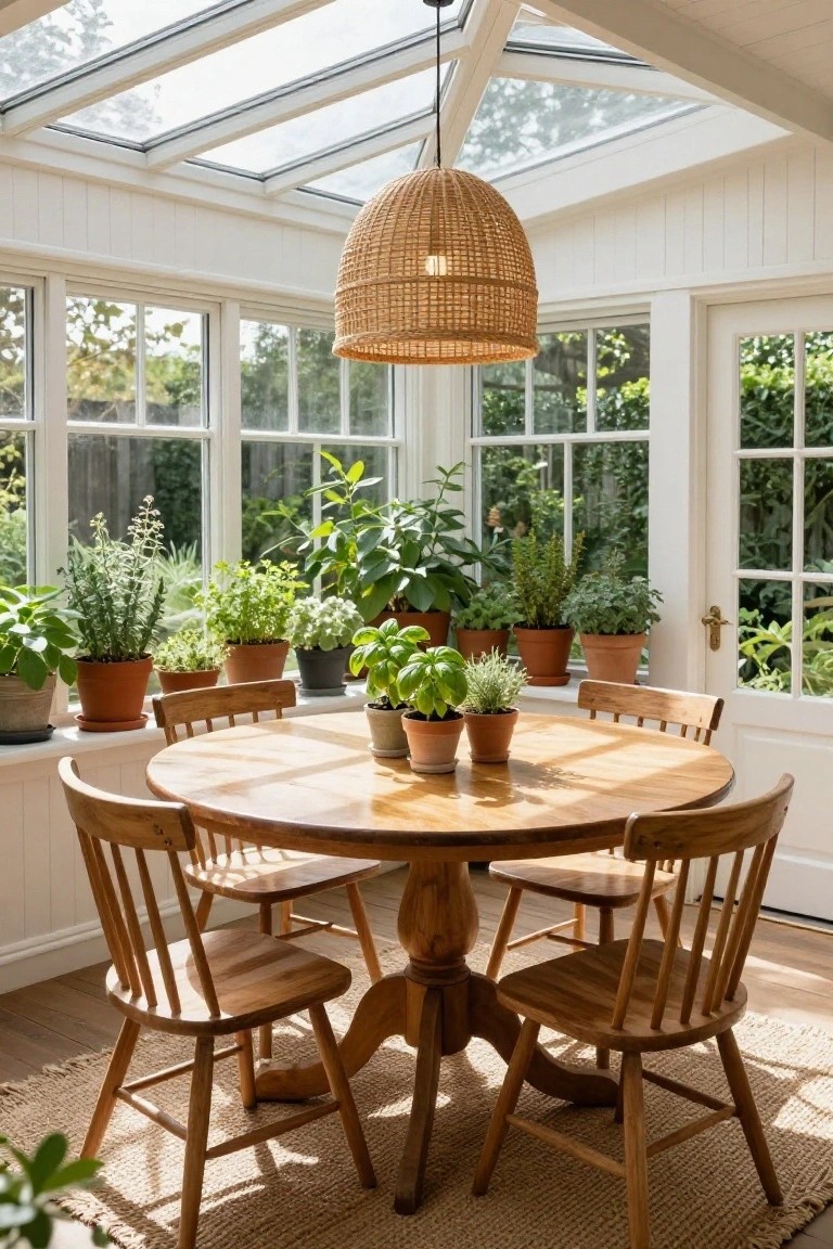Sunlit conservatory with white walls, large windows showing garden views, round wooden pedestal table with four ladderback chairs, multiple potted herbs on windowsills, woven rattan pendant light overhead, and seagrass rug on wood floor.
