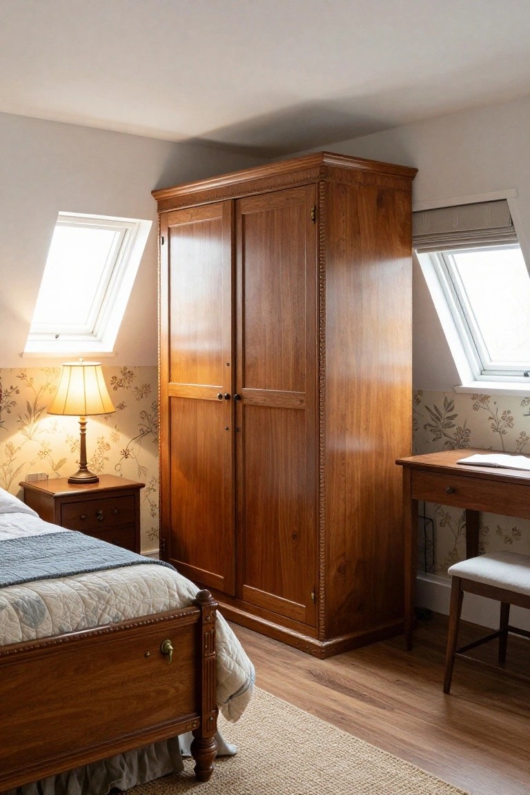 A bedroom corner with a tall double-door wooden wardrobe, wooden bed with quilted bedding, bedside table and lamp, wooden desk with chair, floral wallpaper, skylights, and hardwood floor.