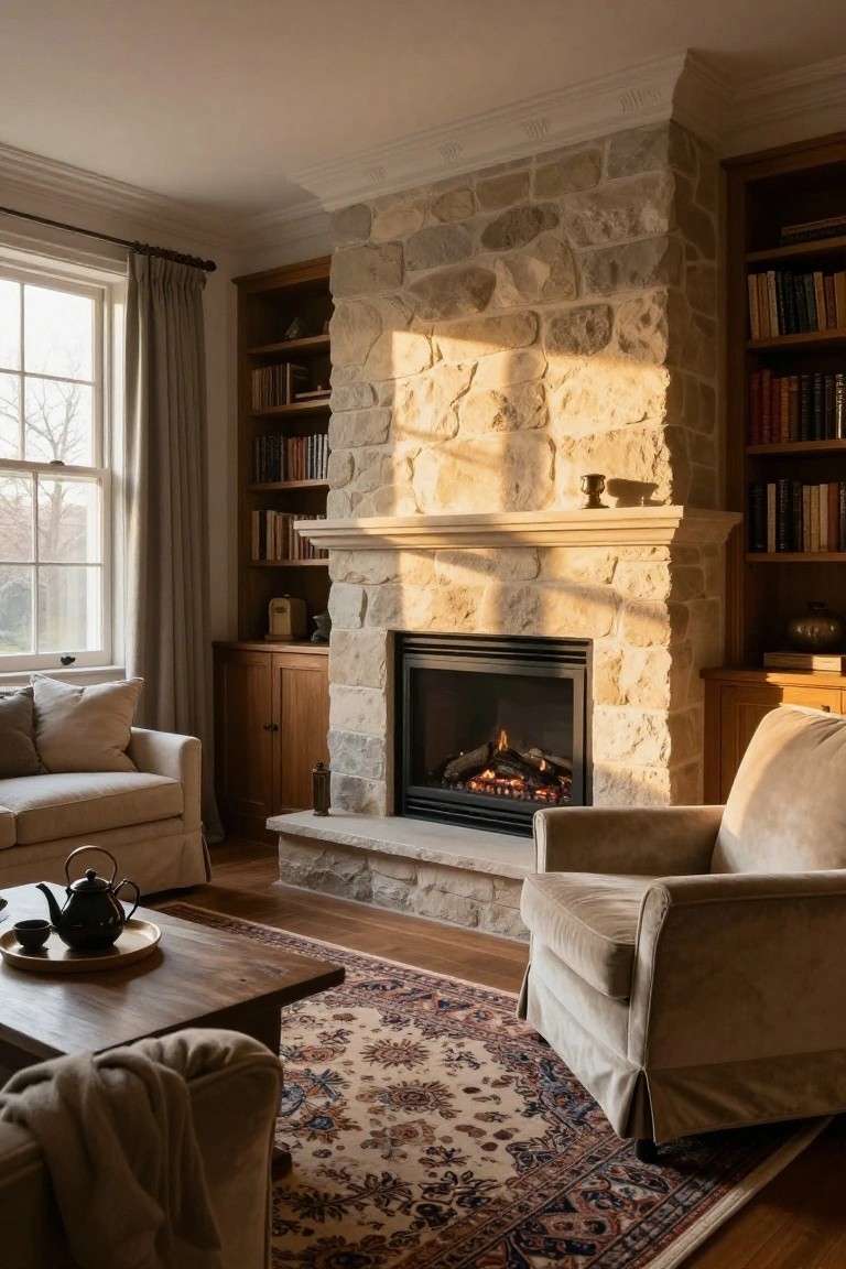 A living room with a tall light stone fireplace flanked by wooden bookshelves and cabinets, cream upholstered sofa and armchair, wooden coffee table with teapot, and Persian rug on hardwood floor.